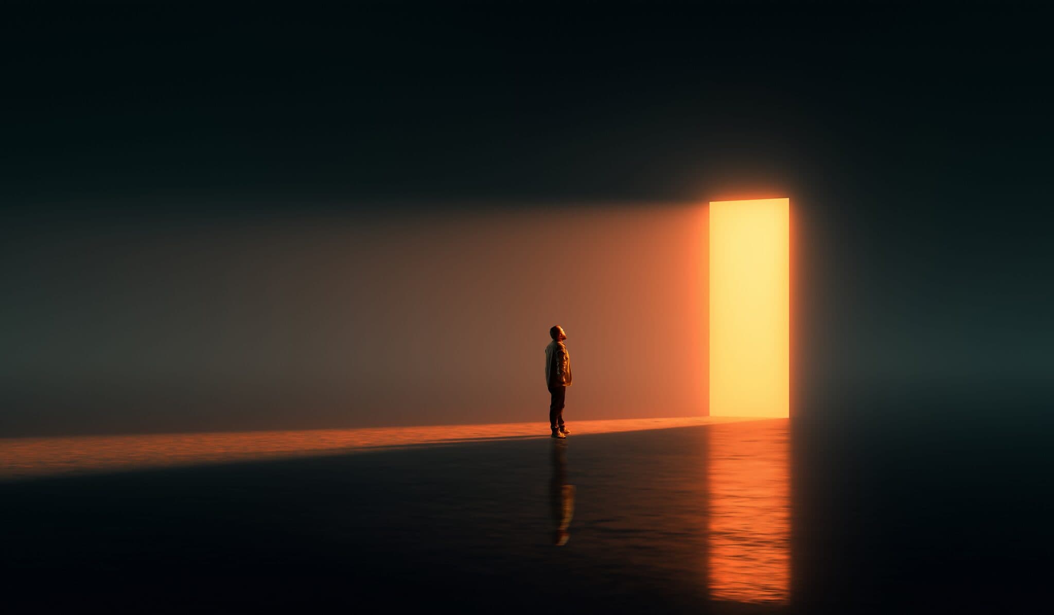 A solitary figure facing a luminous threshold, symbolising the choice point at the heart of AI transformation